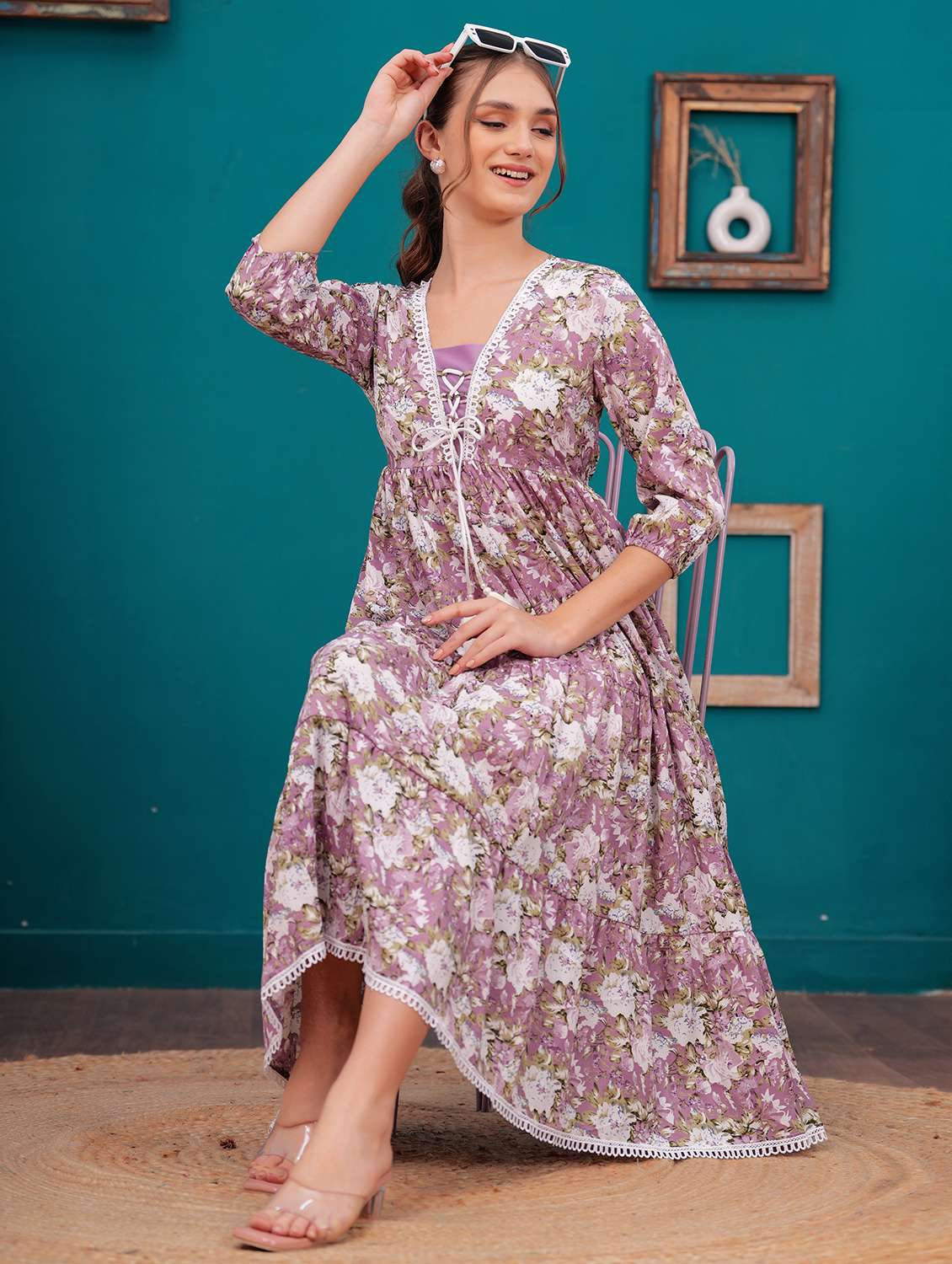 women lavender floral printed tiered ethnic dress - 21731095 - Standard Image - 4