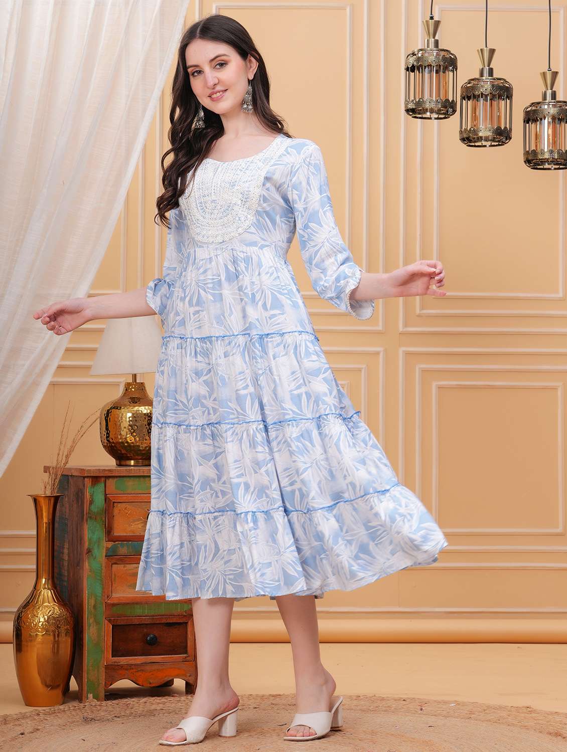 women light blue printed sweetheart neck tiered ethnic dress - 21731098 - Standard Image - 1
