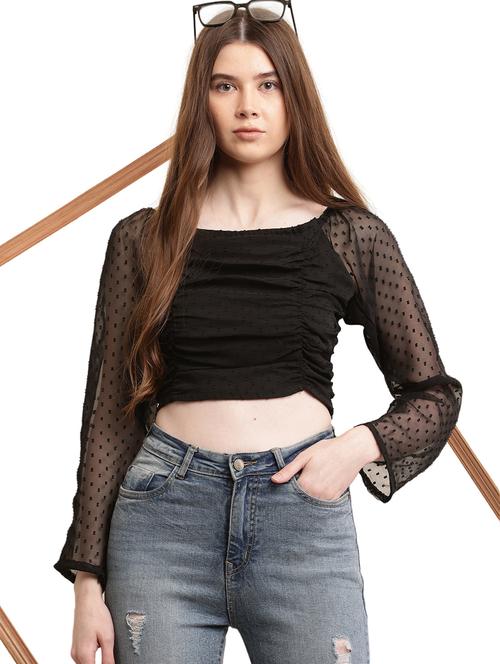 women solid long sleeves ruched crop top - 21731107 -  Standard Image - 0