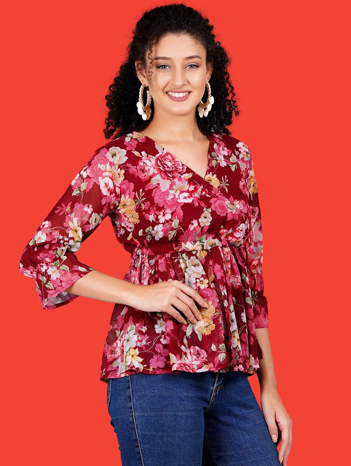 women floral print overlap neck peplum top - 21731132 - Standard Image - 1