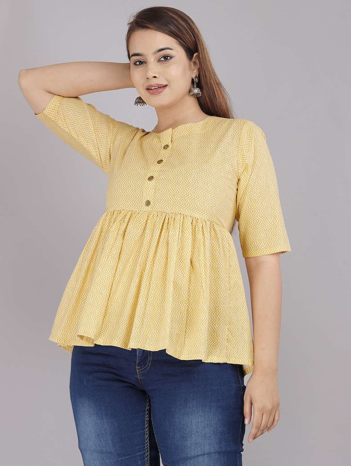 women round neck printed peplum top - 21731156 -  Standard Image - 1