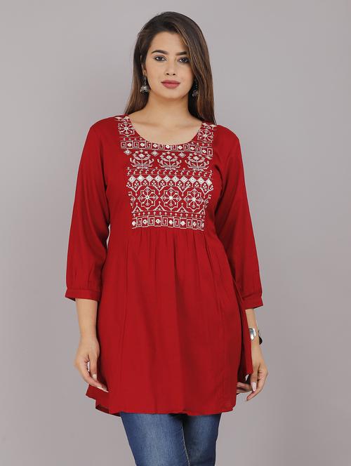 women round neck embroidered a-line kurti - 21731161 - Standard Image - 0