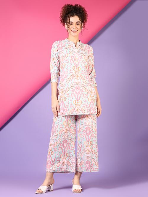 women mandarin neck printed ethnic co-ord set - 21731196 - Standard Image - 0