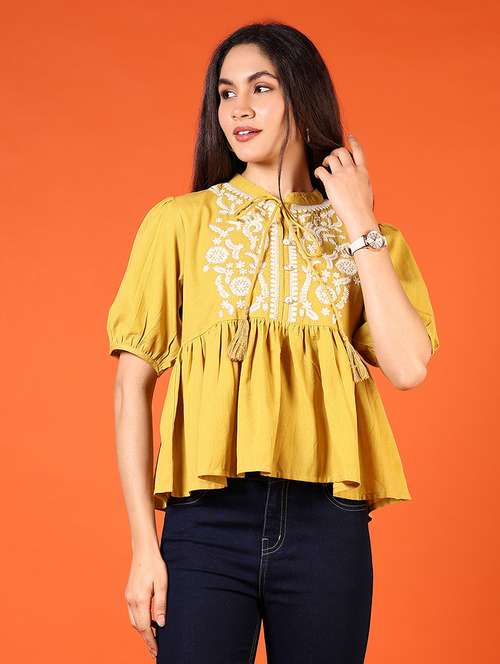 women tie up neck embroidered peplum top - 21731201 -  Standard Image - 0