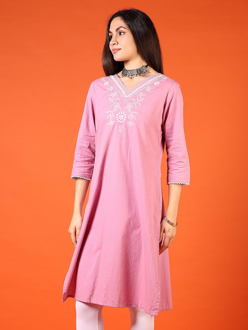 women embroidered v neck straight kurta - 21731202 - Standard Image - 1