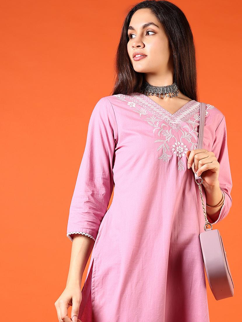 women embroidered v neck straight kurta - 21731202 - Standard Image - 4