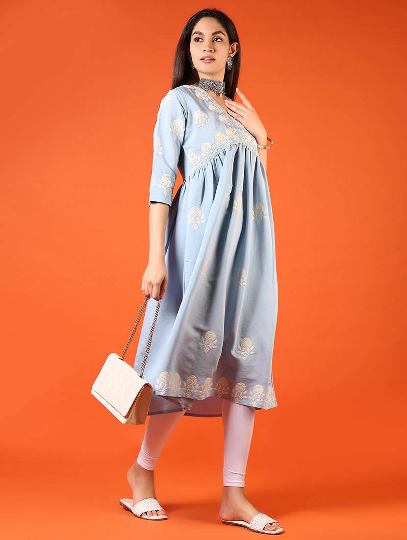 women light blue embroidered v neck flared kurta - 21731203 -  Standard Image - 1