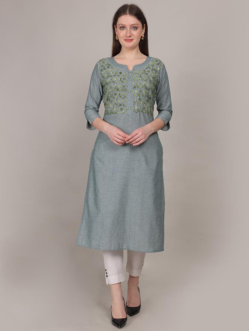 women embroidered three quarter sleeve straight kurta - 21731215 - Zoom Image - 0