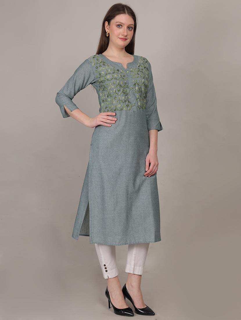 women embroidered three quarter sleeve straight kurta - 21731215 -  Standard Image - 1