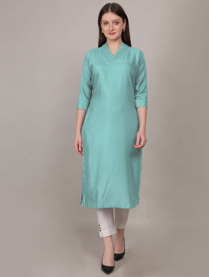 women solid three quarter sleeve straight kurta