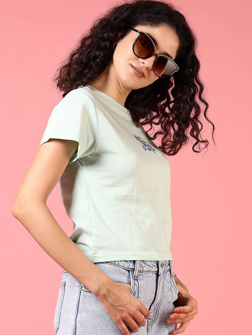women round neck chest print crop t-shirt - 21731279 -  Standard Image - 1