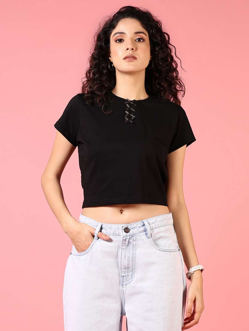 women short sleeves solid crop top