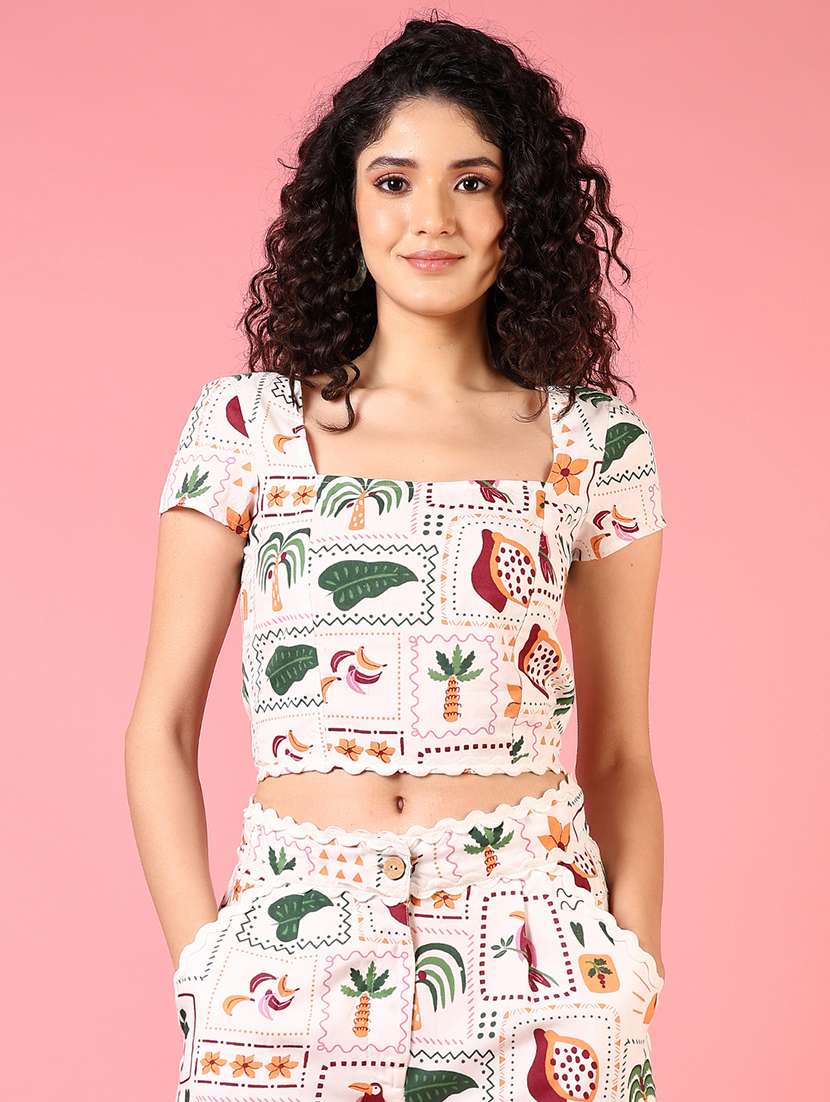 women square neck printed crop top