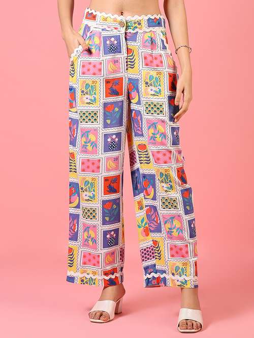 women mid rise printed straight trouser