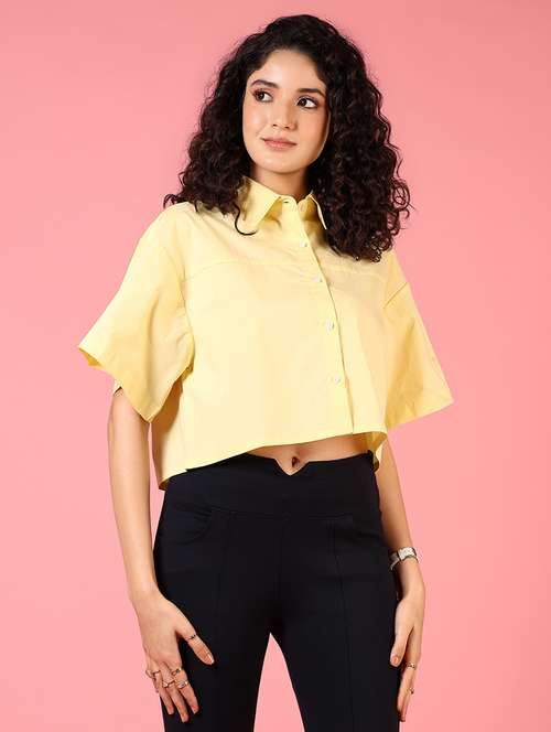 women short sleeves solid crop shirt - 21731295 -  Standard Image - 0