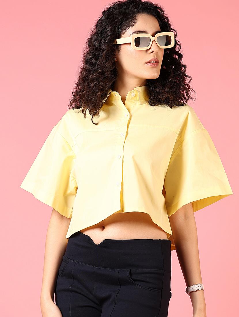 women short sleeves solid crop shirt - 21731295 - Standard Image - 1