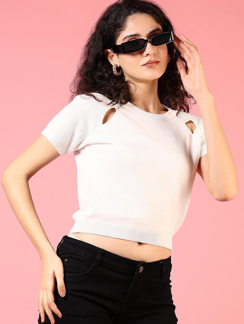 women crew neck solid crop top - 21731316 -  Standard Image - 1