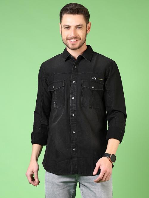 men long sleeves plain denim casual shirt - 21731440 - Standard Image - 0