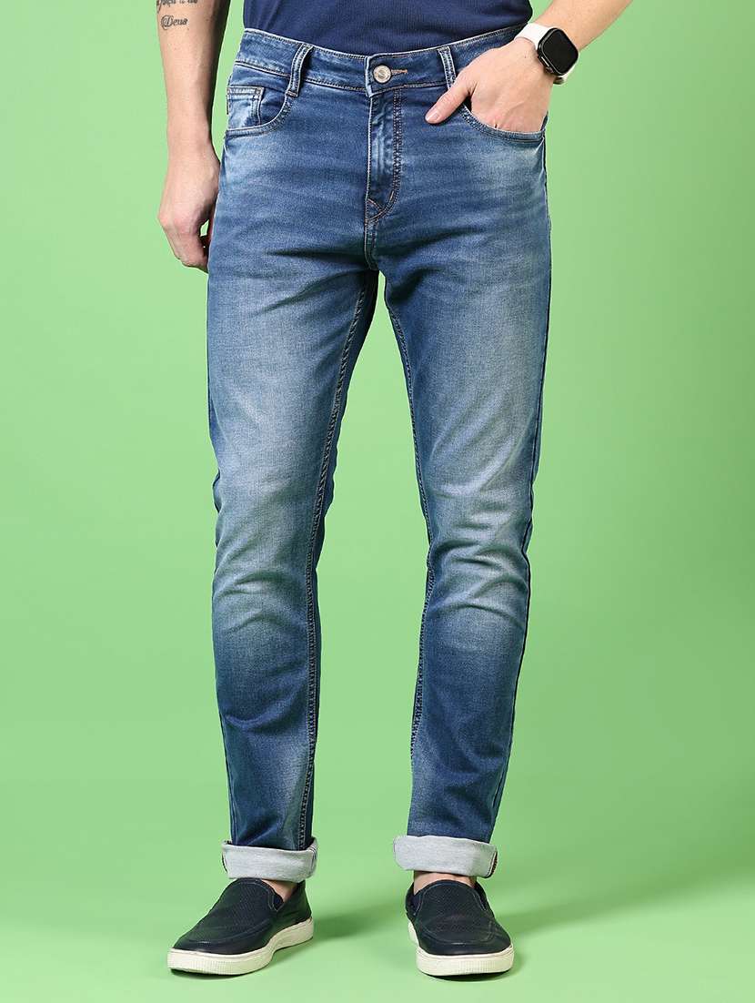 men washed mid rise jeans