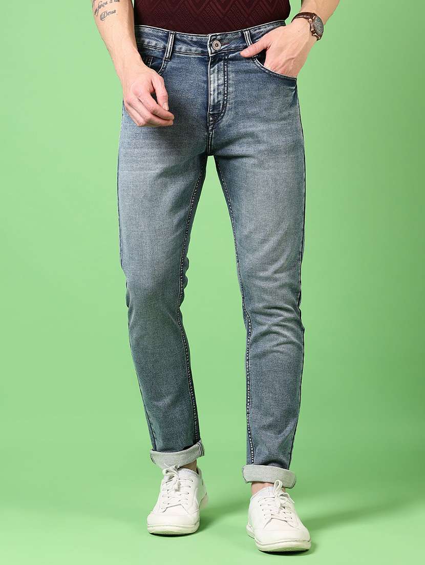men washed mid rise jeans