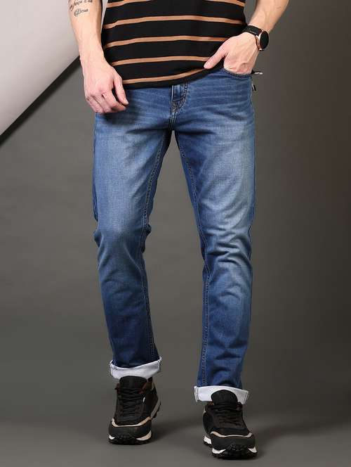 men washed mid rise jeans