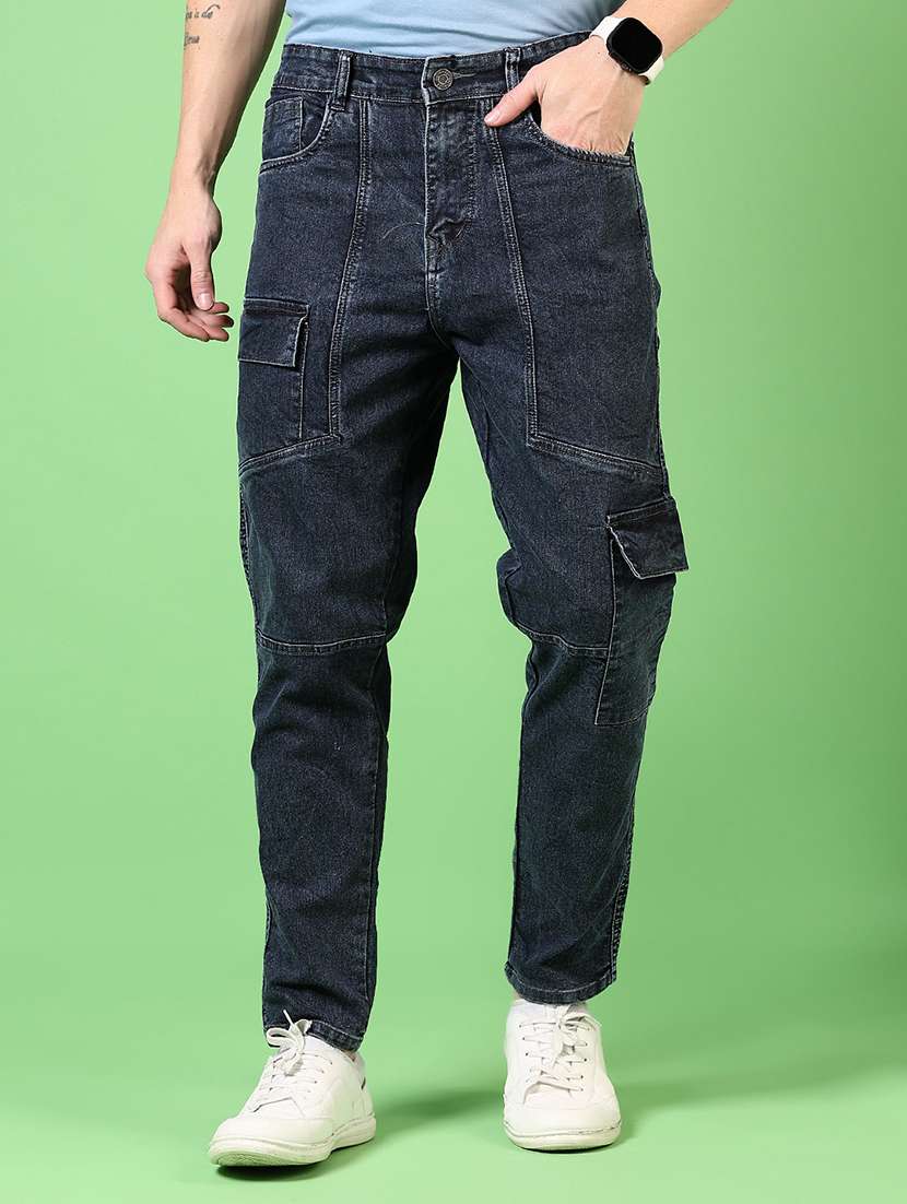 men mid rise solid denim cargo