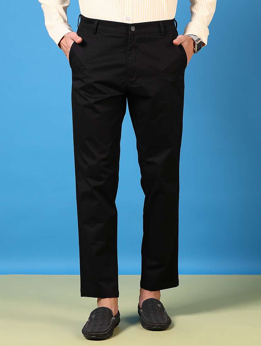 men mid rise solid flat front casual trouser