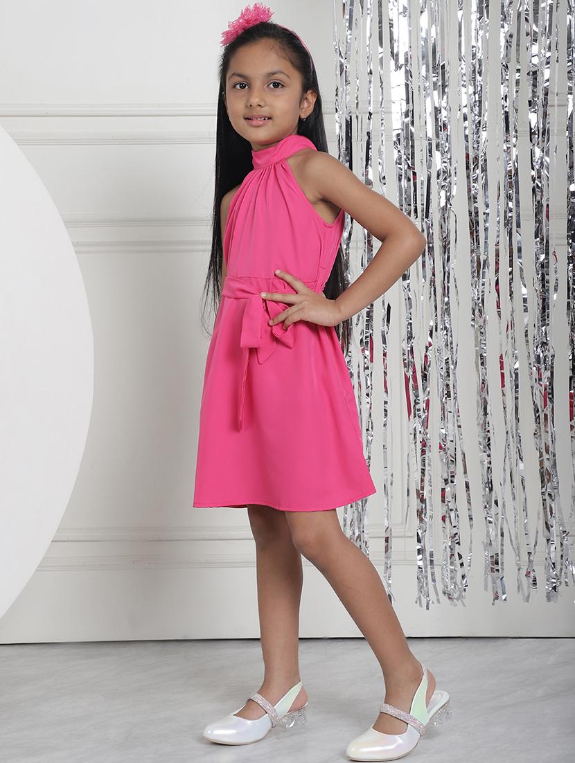 girls pink solid halter neck a-line dress - 21731670 -  Standard Image - 1