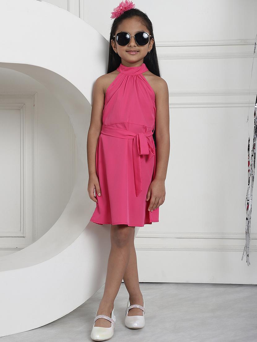 girls pink solid halter neck a-line dress - 21731670 - Standard Image - 4
