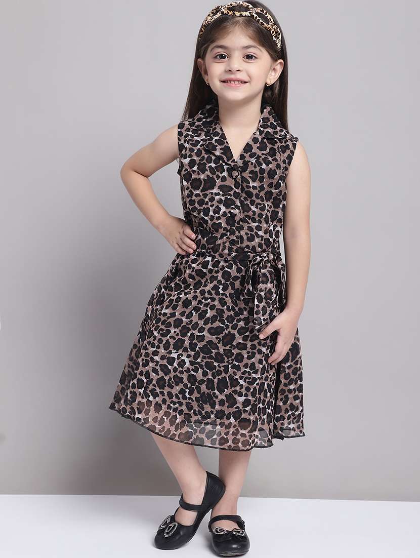 girls brown lapel neck a-line regualr fit dress