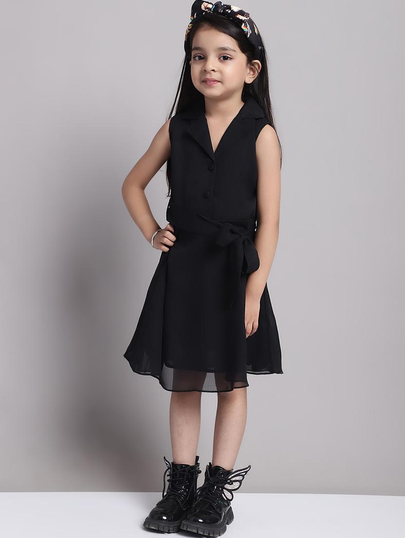 girls black lapel neck a-line regualr fit dress - 21731678 -  Standard Image - 1