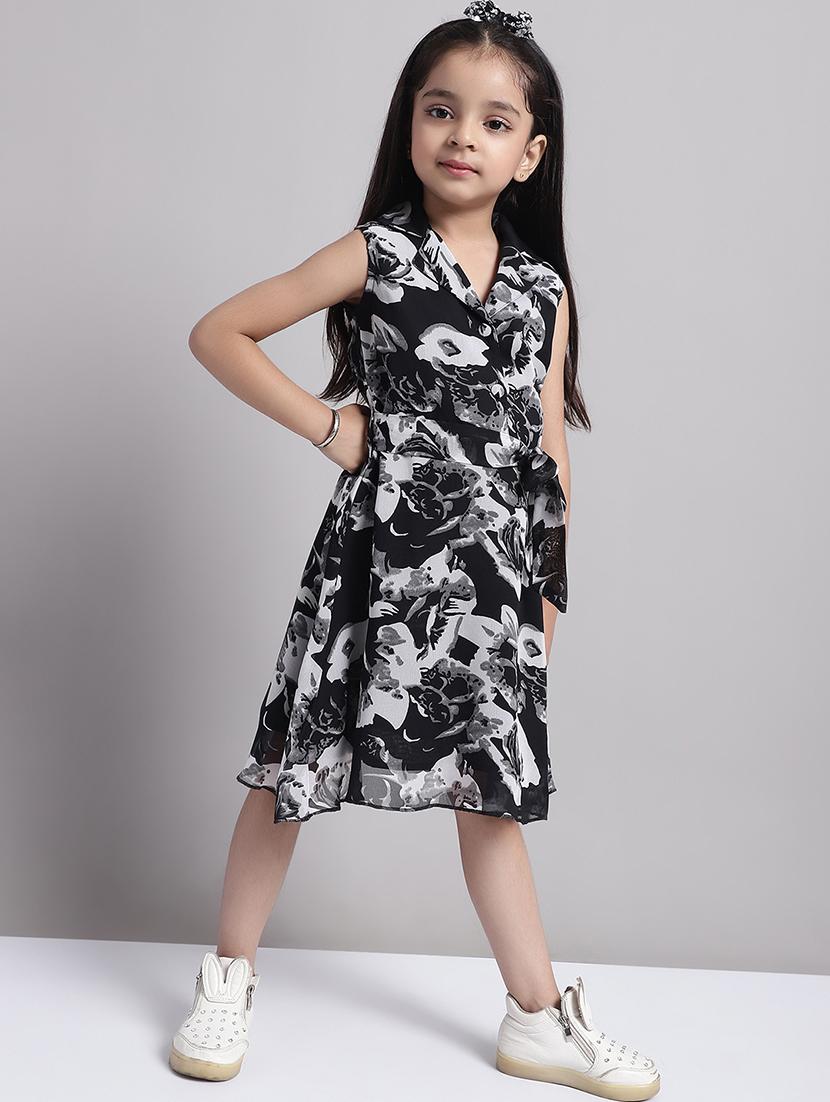 girls black lapel neck a-line regualr fit dress - 21731680 -  Standard Image - 1