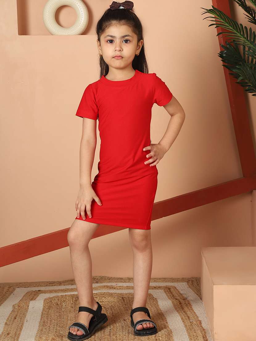 girls solid round neck bodycon dress
