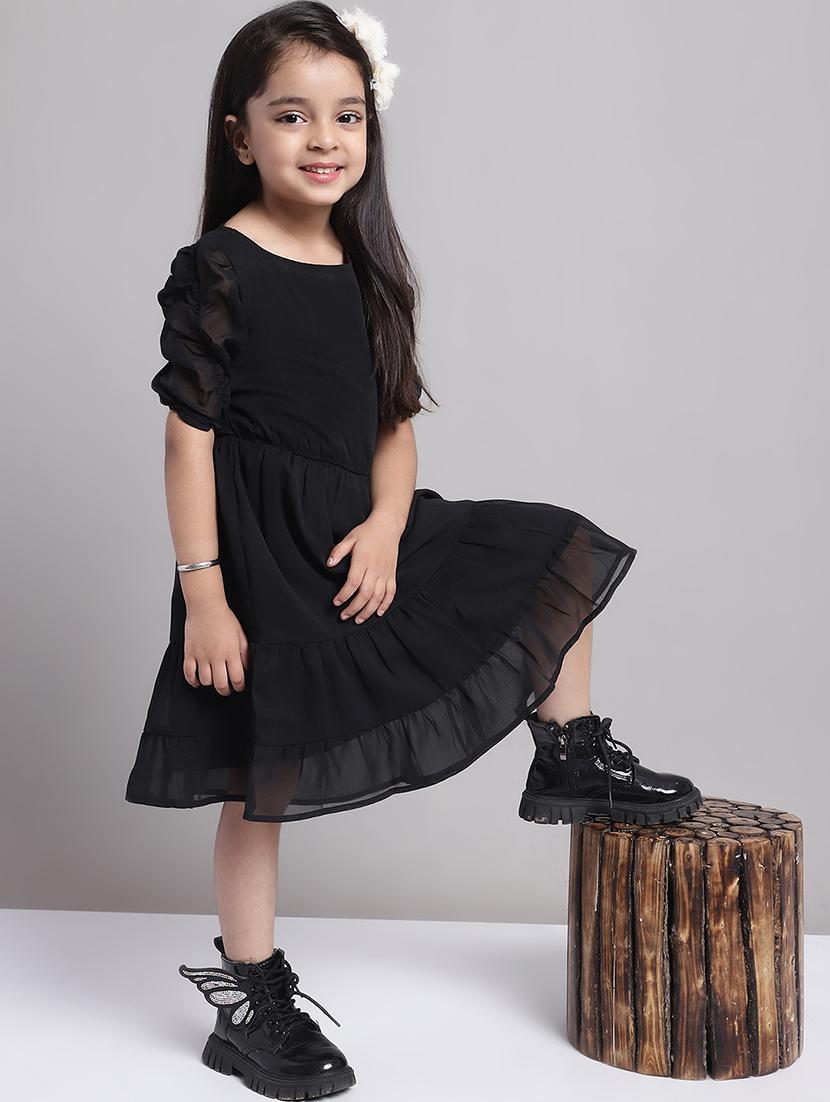 girls black round neck regualr fit tiered dress - 21731716 -  Standard Image - 1
