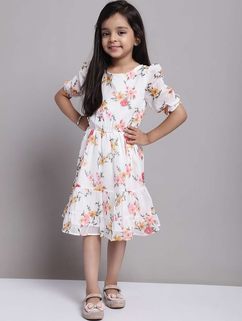 girls off white round neck regualr fit tiered dress