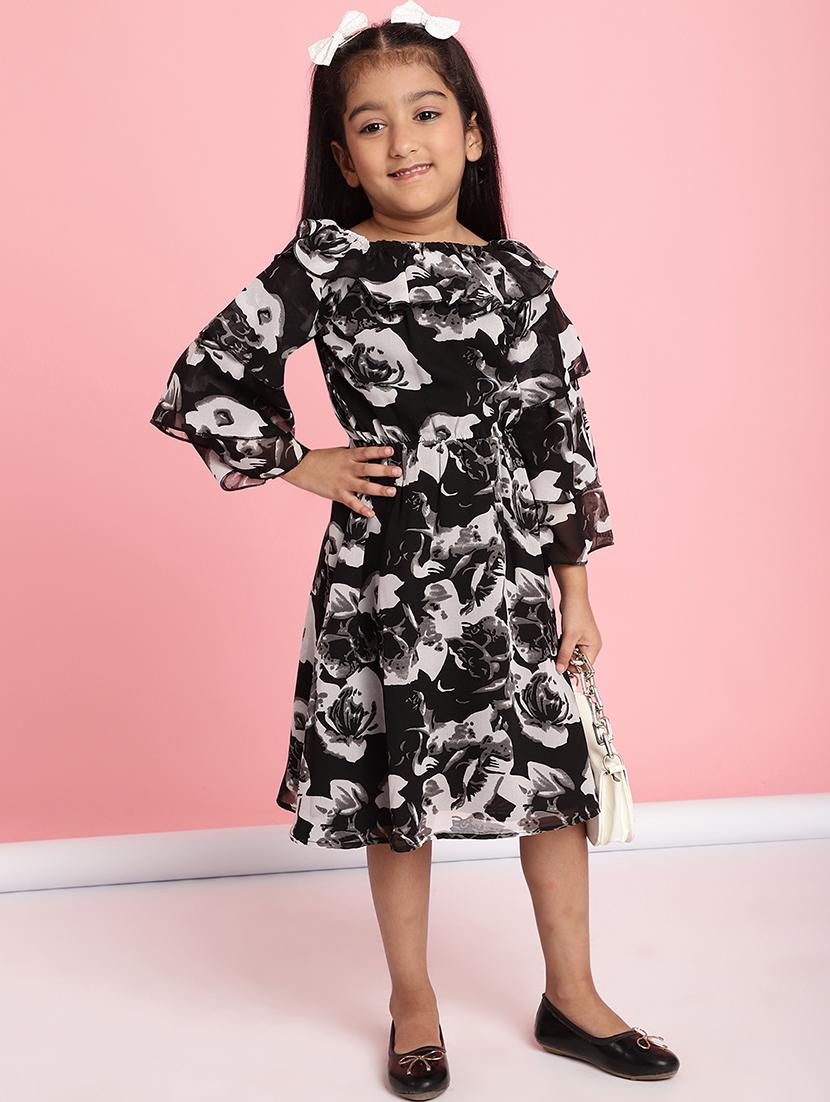 girls black ruffle sleeve regualr fit a-line dress - 21731724 - Standard Image - 1
