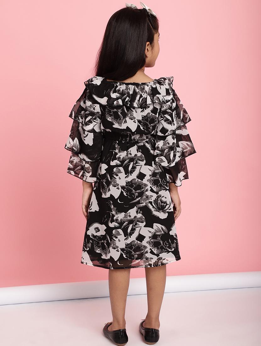 girls black ruffle sleeve regualr fit a-line dress - 21731724 - Standard Image - 4
