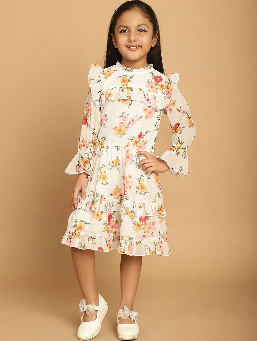 girls floral printed long sleeve regular fit dress