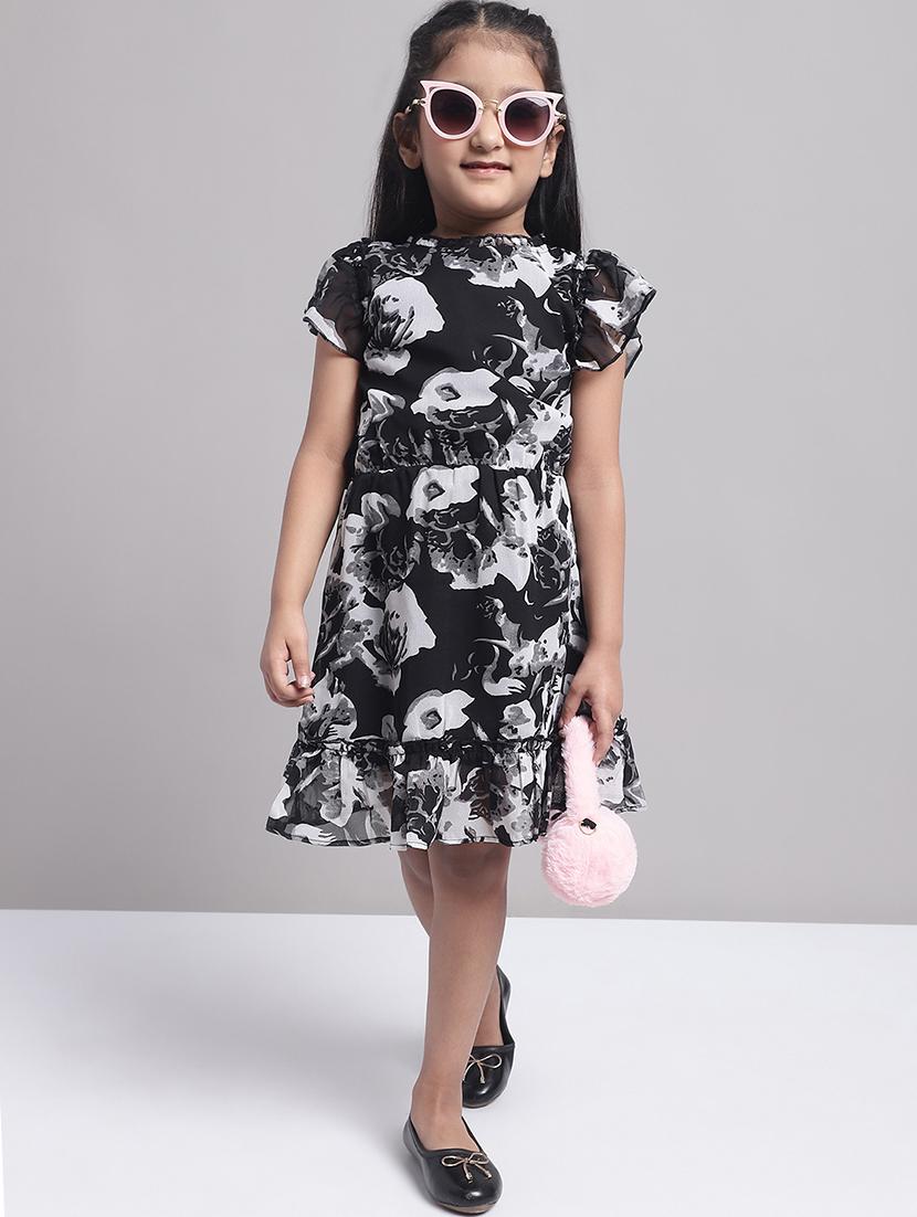 girls black short sleeve regular fit tiered dress - 21731744 -  Standard Image - 1