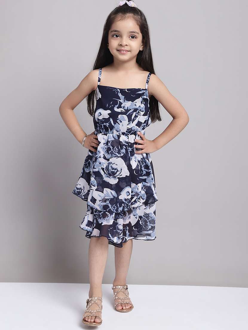 girls navy blue sleeveless regular fit layered dress