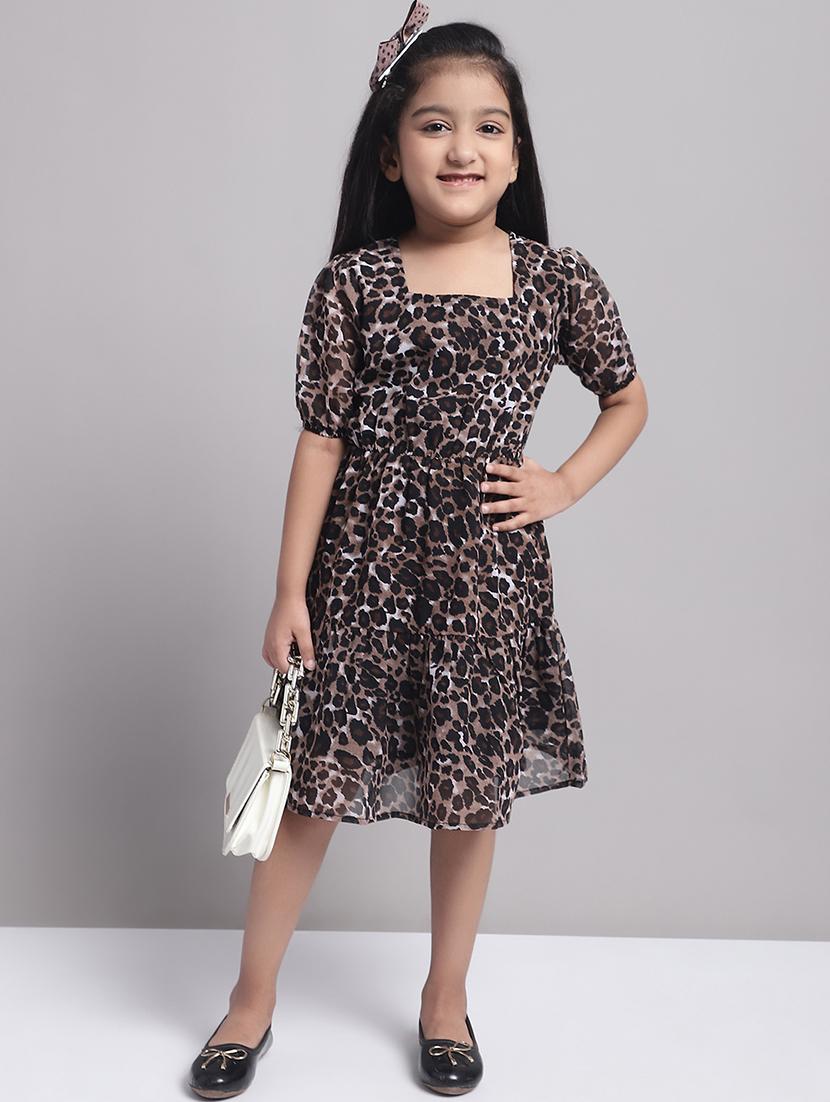 girls brown puff sleeve regualr fit tiered dress - 21731799 - Standard Image - 1