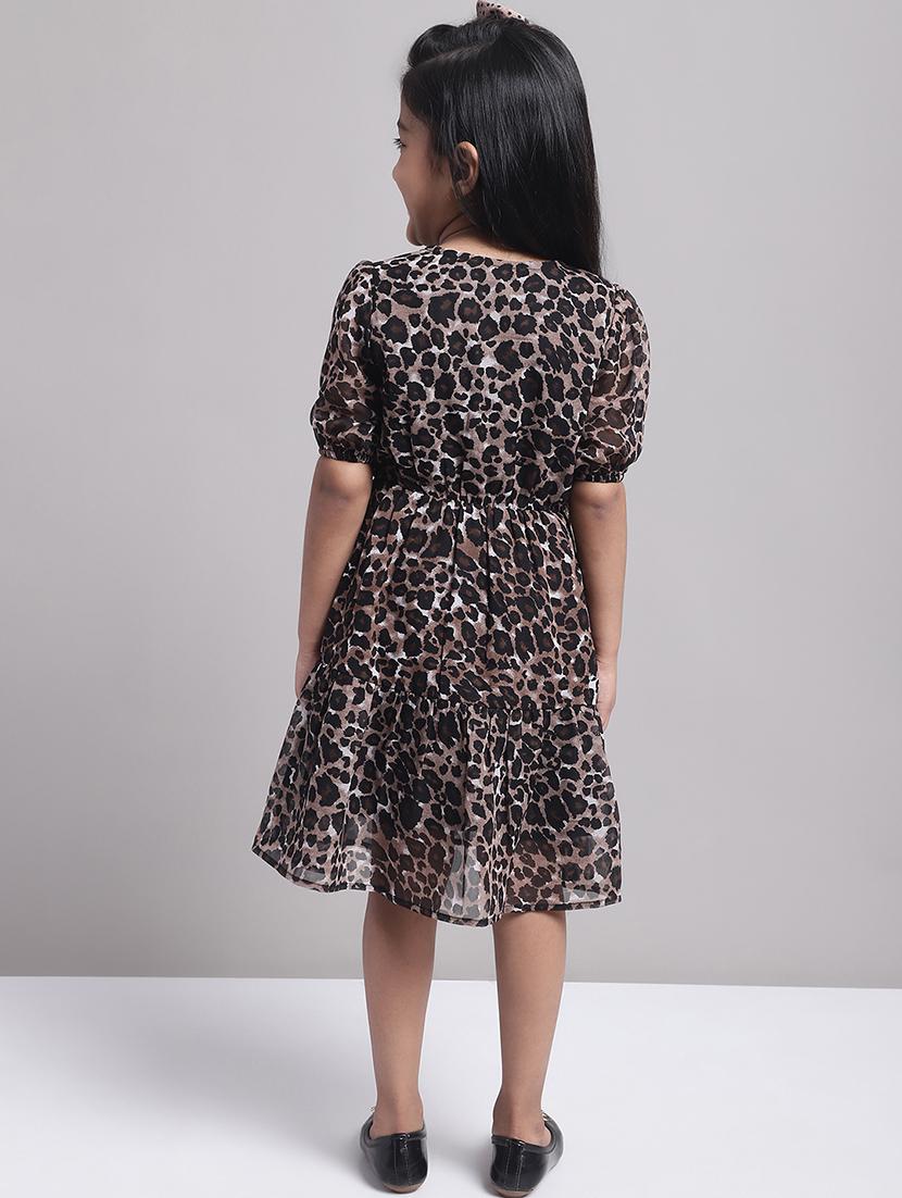 girls brown puff sleeve regualr fit tiered dress - 21731799 - Standard Image - 4
