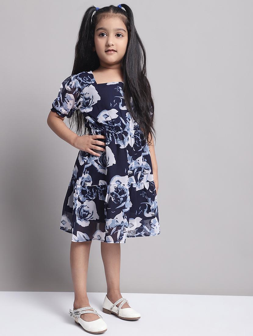 girls navy blue puff sleeve regualr fit tiered dress - 21731804 - Standard Image - 1