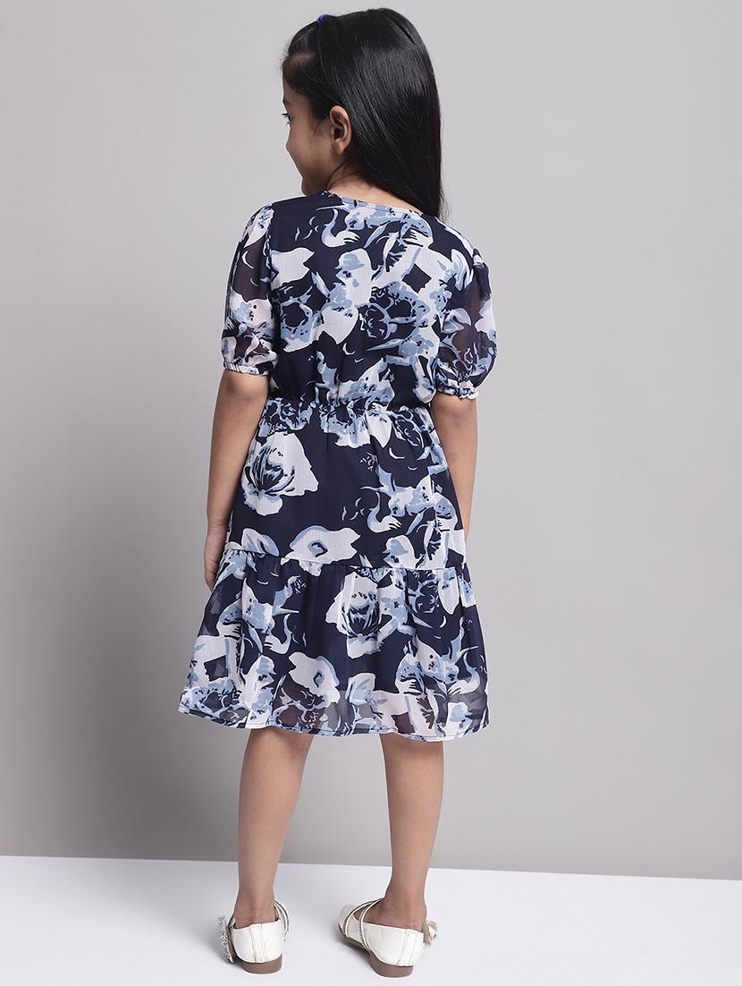 girls navy blue puff sleeve regualr fit tiered dress - 21731804 - Standard Image - 4