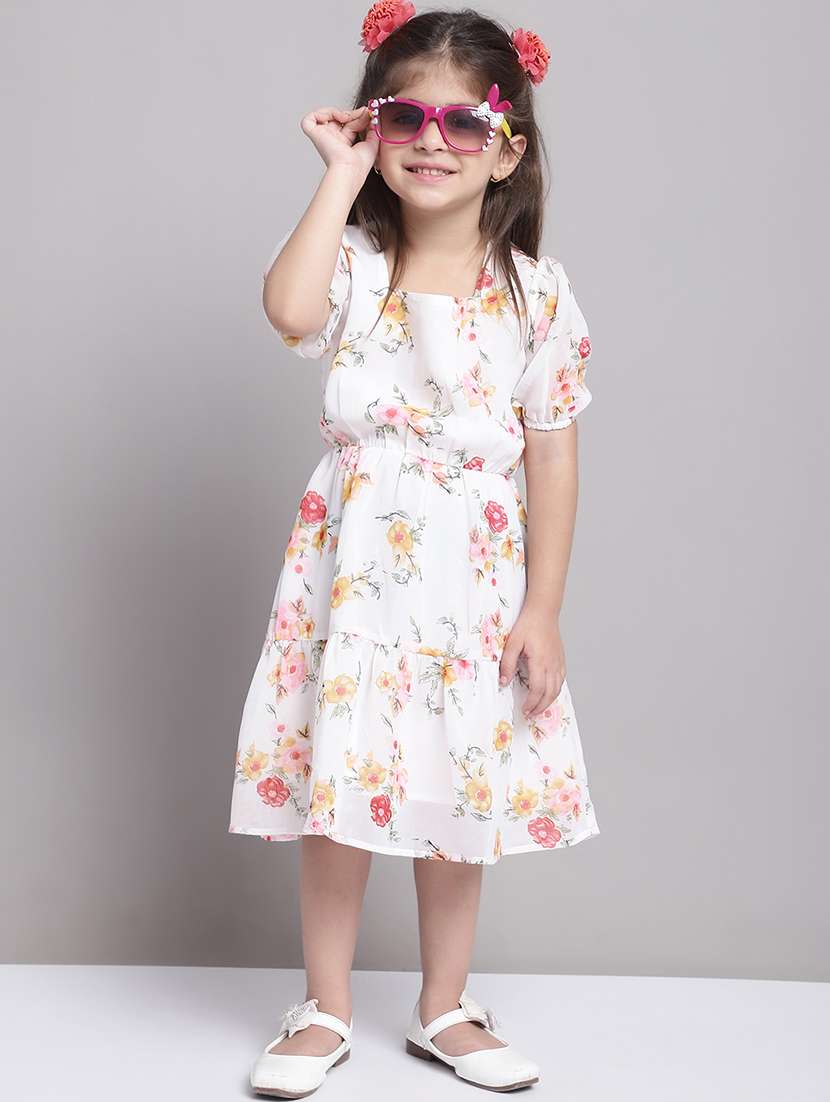 girls off white puff sleeve regualr fit tiered dress