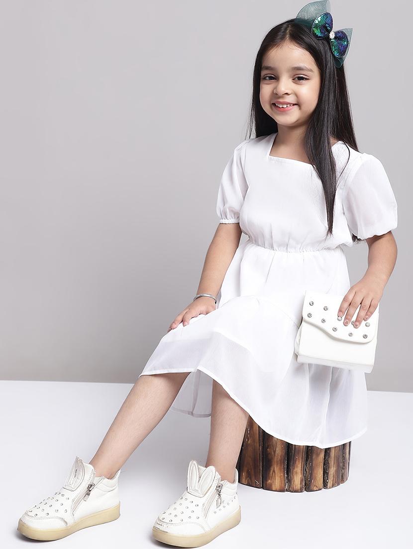 girls white puff sleeve regualr fit tiered dress - 21731806 -  Standard Image - 1
