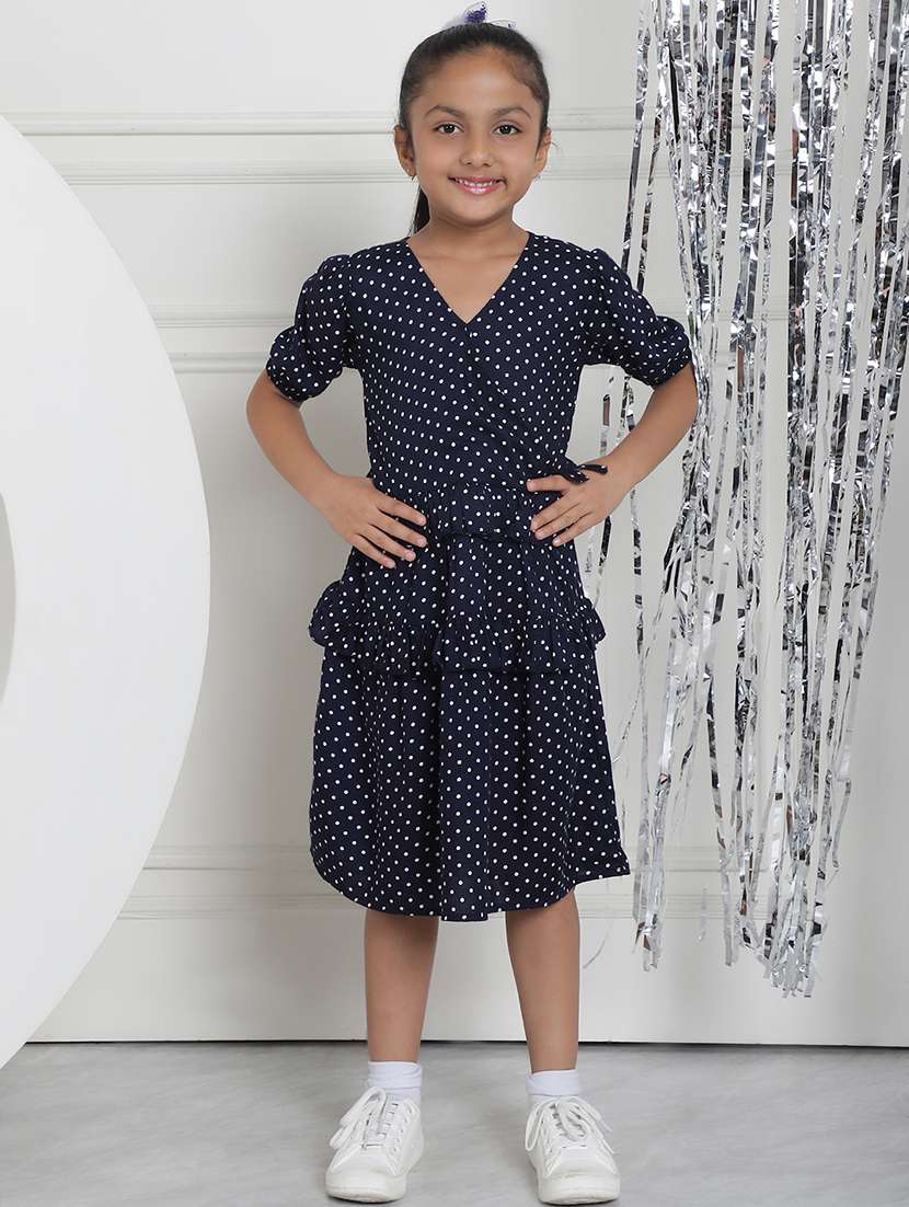 girls navy blue polka dot puff sleeve tiered dress