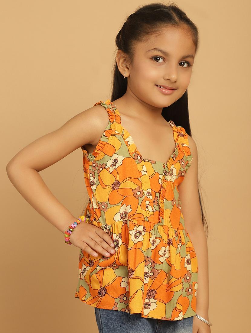 girls mustard floral printed sleeveless top - 21732041 -  Standard Image - 1