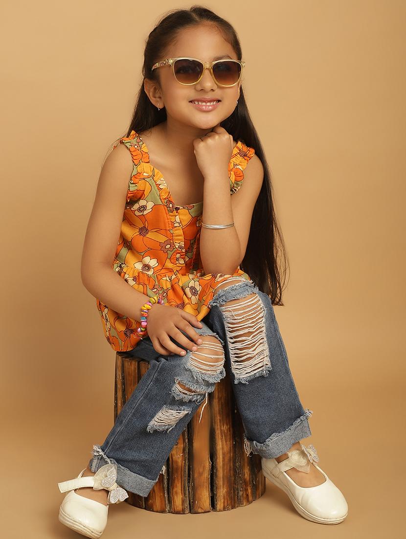 girls mustard floral printed sleeveless top - 21732041 - Standard Image - 4