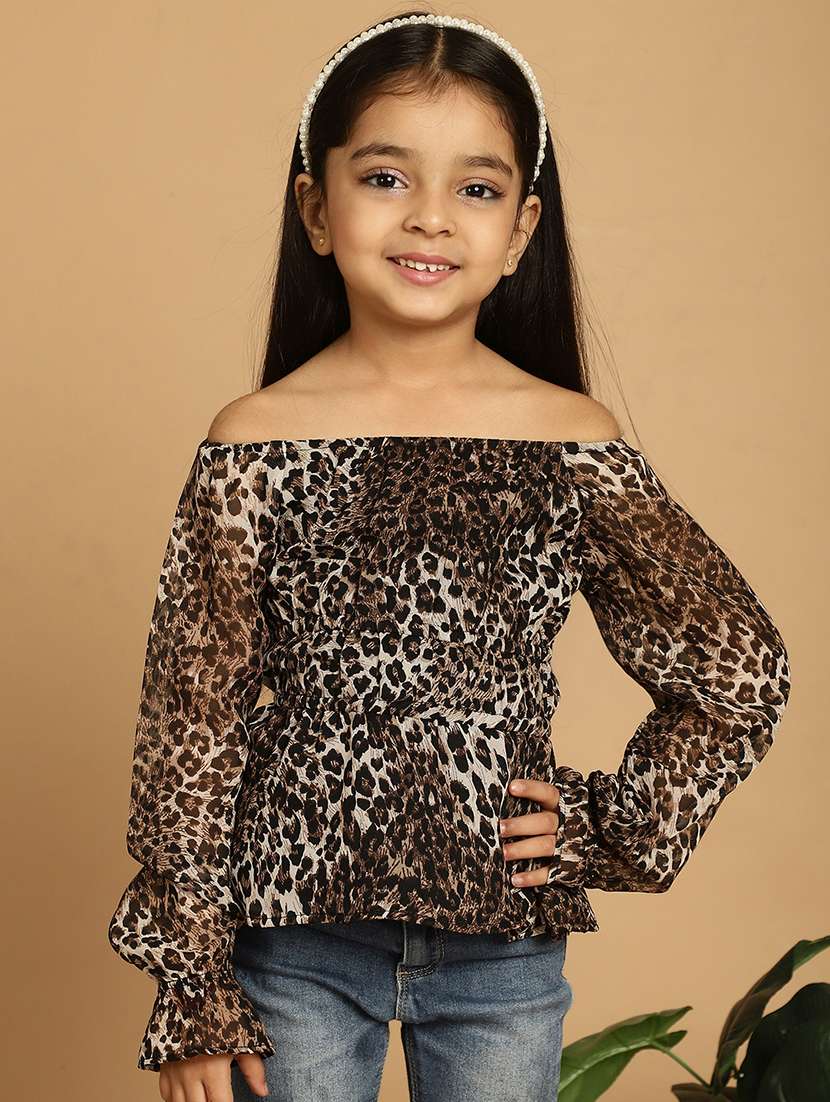 girls brown animal printed off shoulder top